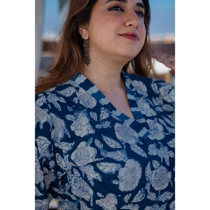 The Indian Ethnic Co. Floral Indigo Dabu Cotton Short Top