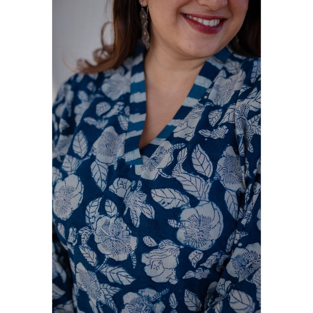 The Indian Ethnic Co. Floral Indigo Dabu Cotton Short Top