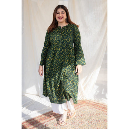 The Indian Ethnic Co. Green Slub Cotton Dabu Kurta