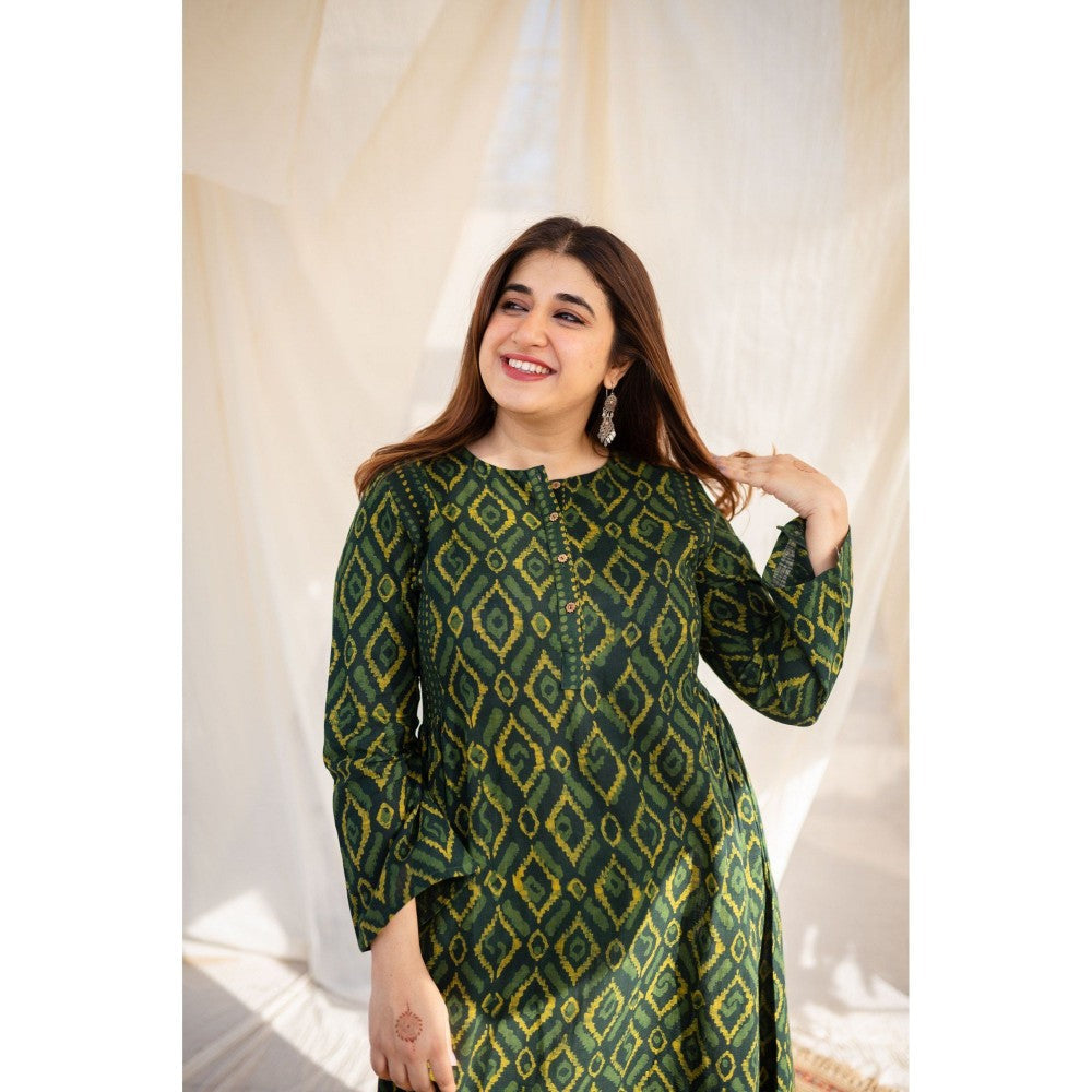 The Indian Ethnic Co. Green Slub Cotton Dabu Kurta