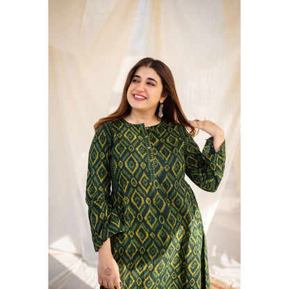 The Indian Ethnic Co. Green Slub Cotton Dabu Kurta