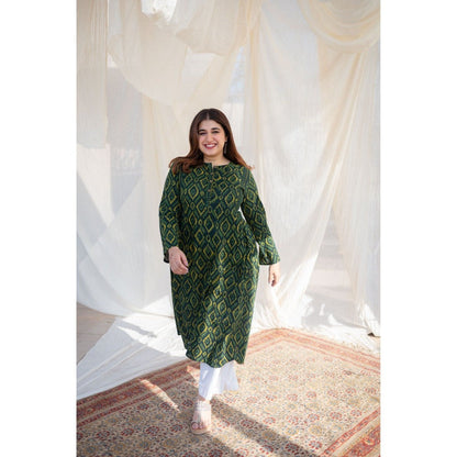 The Indian Ethnic Co. Green Slub Cotton Dabu Kurta