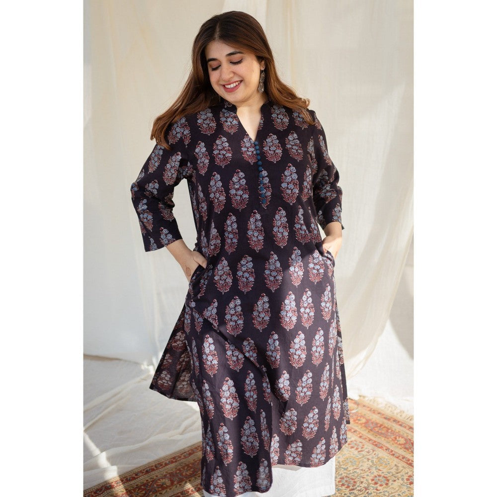 The Indian Ethnic Co. Black Ajrakh Straight Cotton Kurta
