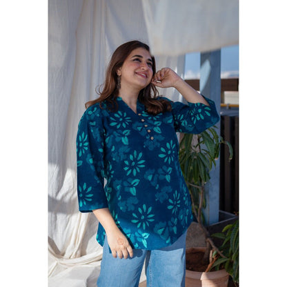 The Indian Ethnic Co. Indigo Dabu Cotton Short Top