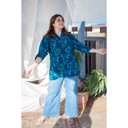 The Indian Ethnic Co. Indigo Dabu Cotton Short Top