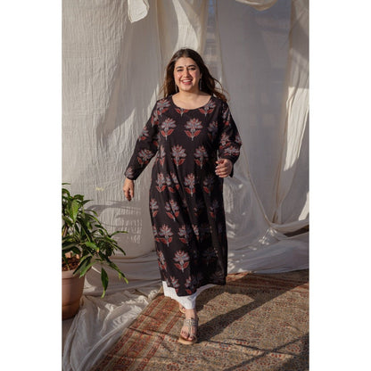The Indian Ethnic Co. Black Ajrakh A Line Cotton Kurta