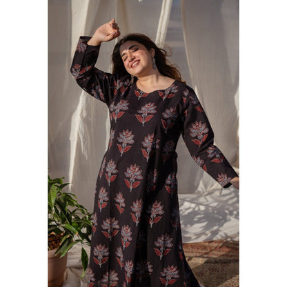 The Indian Ethnic Co. Black Ajrakh A Line Cotton Kurta