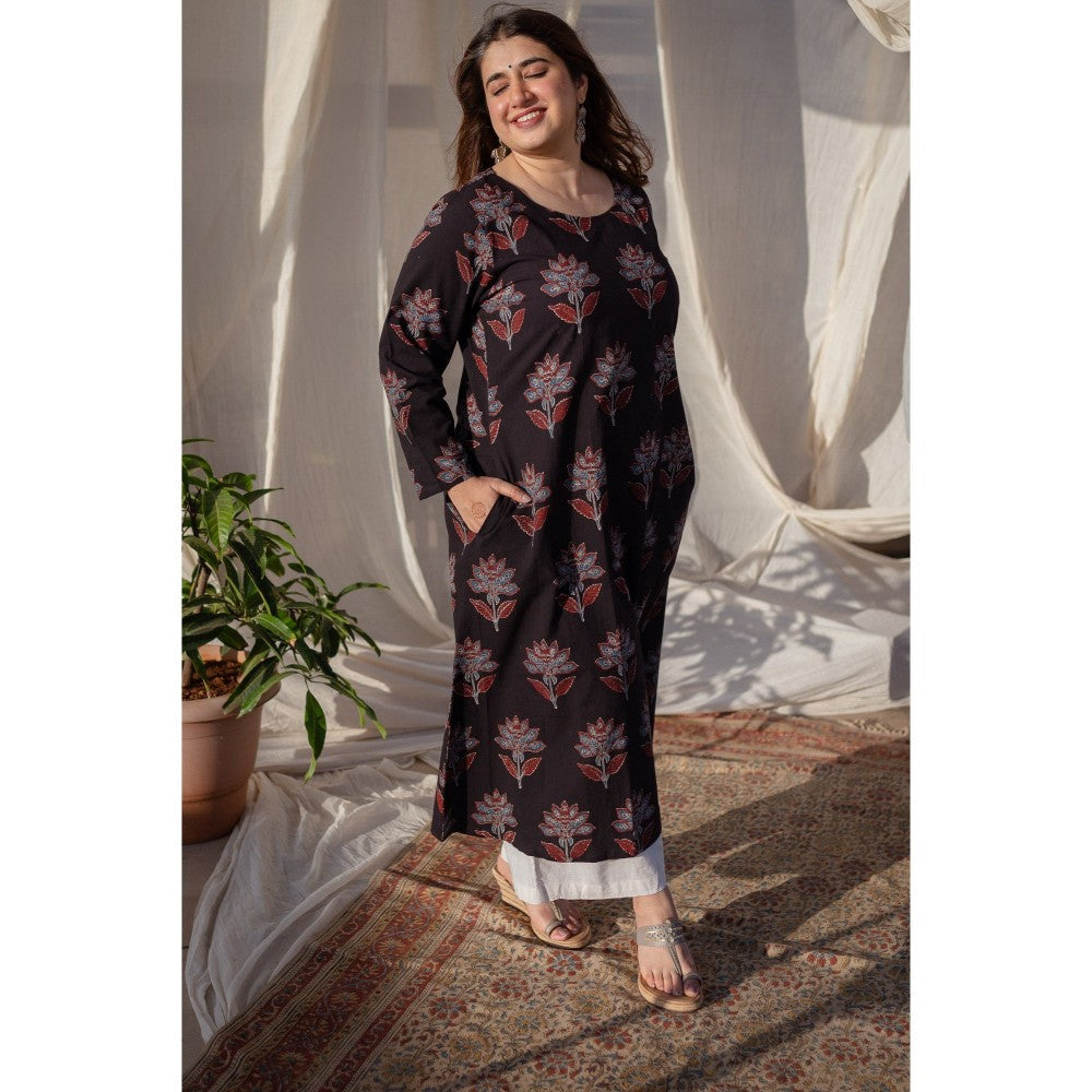 The Indian Ethnic Co. Black Ajrakh A Line Cotton Kurta