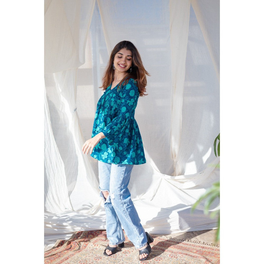 The Indian Ethnic Co. Indigo Dabu Cotton Short Top