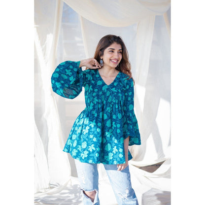 The Indian Ethnic Co. Indigo Dabu Cotton Short Top
