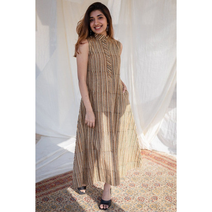 The Indian Ethnic Co. Beige Striped Kalamkari Stripe Cotton Dress