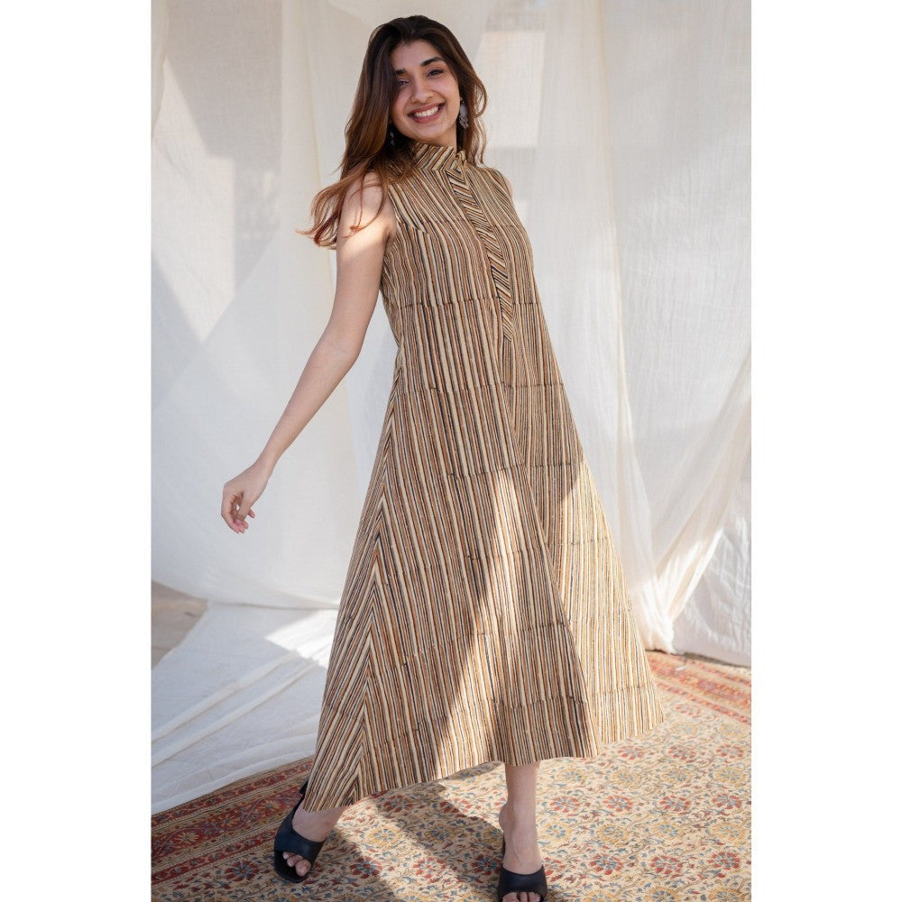 The Indian Ethnic Co. Beige Striped Kalamkari Stripe Cotton Dress