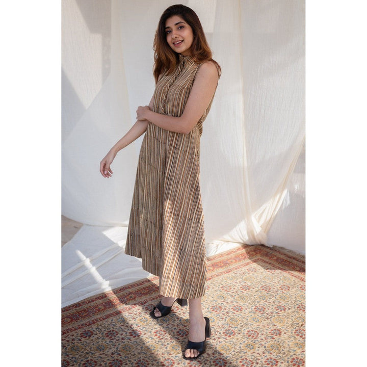 The Indian Ethnic Co. Beige Striped Kalamkari Stripe Cotton Dress