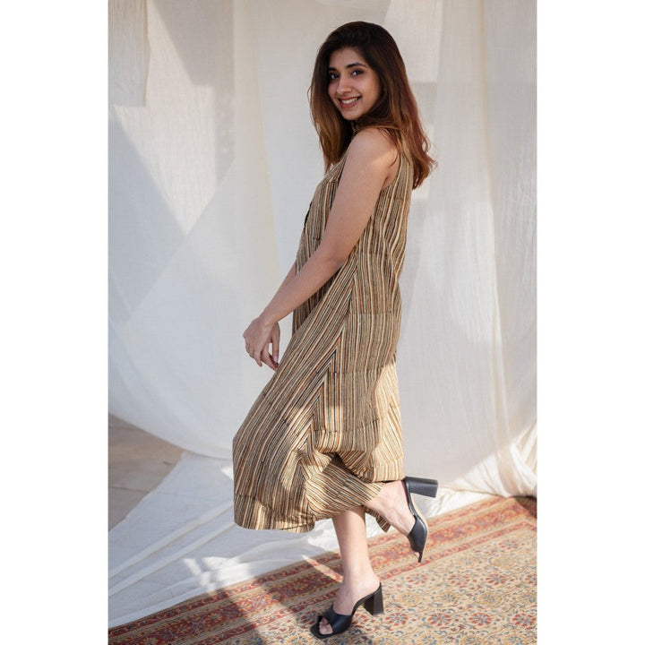 The Indian Ethnic Co. Beige Striped Kalamkari Stripe Cotton Dress