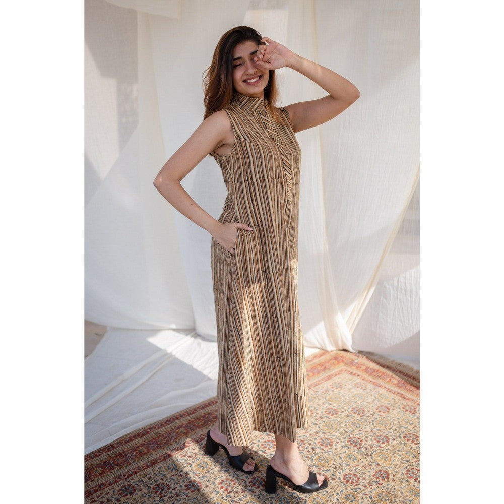 The Indian Ethnic Co. Beige Striped Kalamkari Stripe Cotton Dress