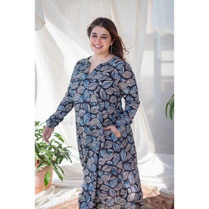 The Indian Ethnic Co. Black Leafy Kalamkari Cotton Kali Kurta