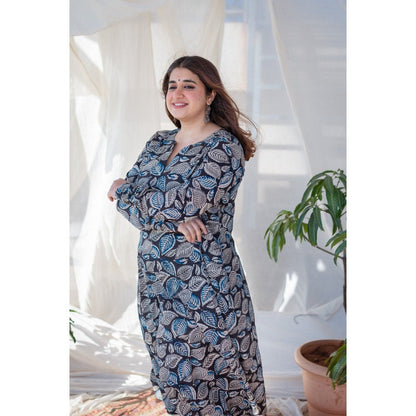 The Indian Ethnic Co. Black Leafy Kalamkari Cotton Kali Kurta
