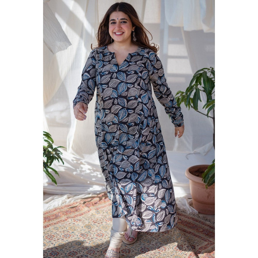 The Indian Ethnic Co. Black Leafy Kalamkari Cotton Kali Kurta