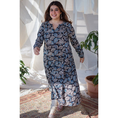 The Indian Ethnic Co. Black Leafy Kalamkari Cotton Kali Kurta