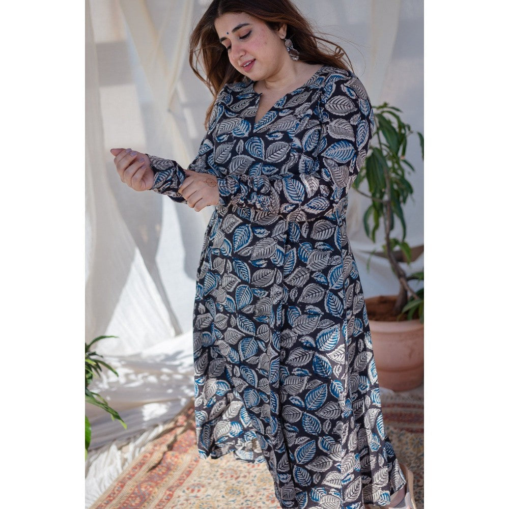 The Indian Ethnic Co. Black Leafy Kalamkari Cotton Kali Kurta