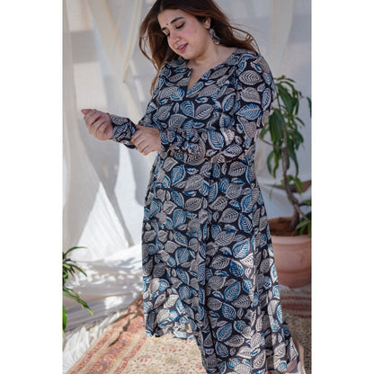 The Indian Ethnic Co. Black Leafy Kalamkari Cotton Kali Kurta