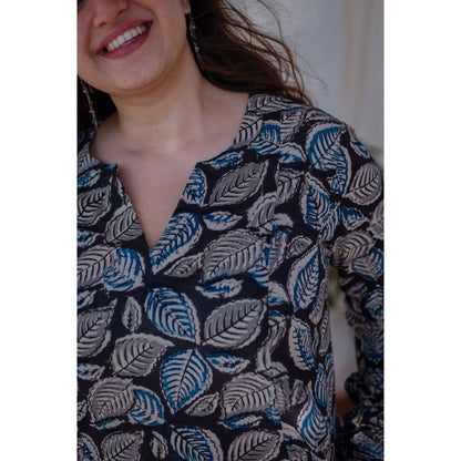 The Indian Ethnic Co. Black Leafy Kalamkari Cotton Kali Kurta