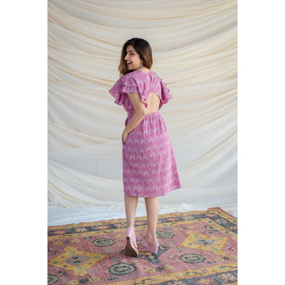 The Indian Ethnic Co. Pink Slub Cotton Cut-Out Dress