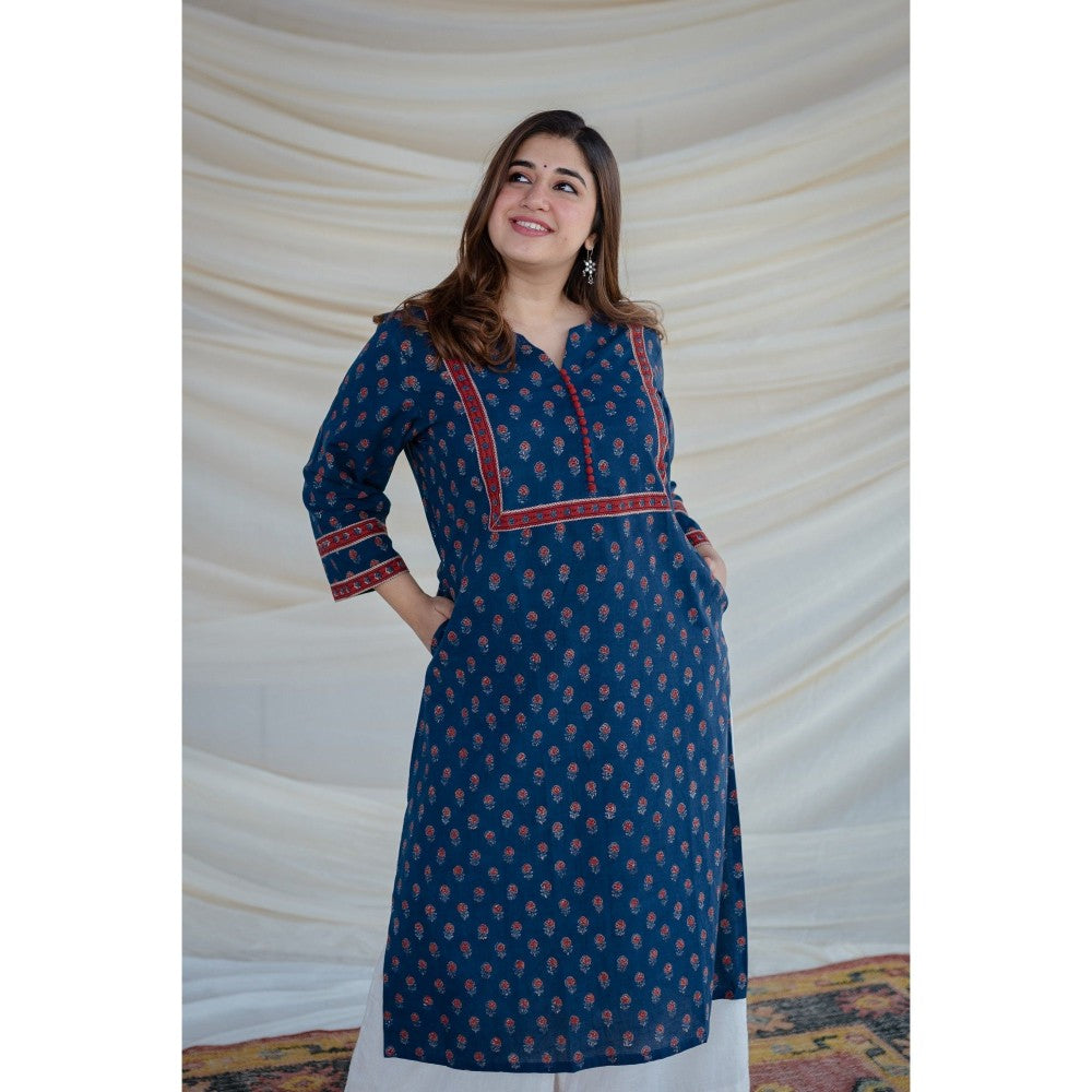 The Indian Ethnic Co. Indigo Ajrakh Patchwork Straight Kurta