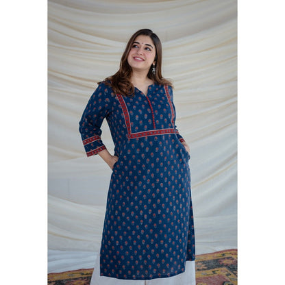 The Indian Ethnic Co. Indigo Ajrakh Patchwork Straight Kurta