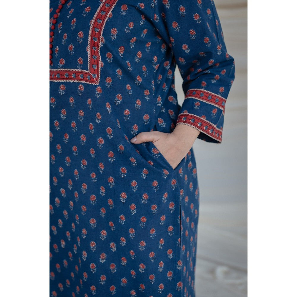 The Indian Ethnic Co. Indigo Ajrakh Patchwork Straight Kurta