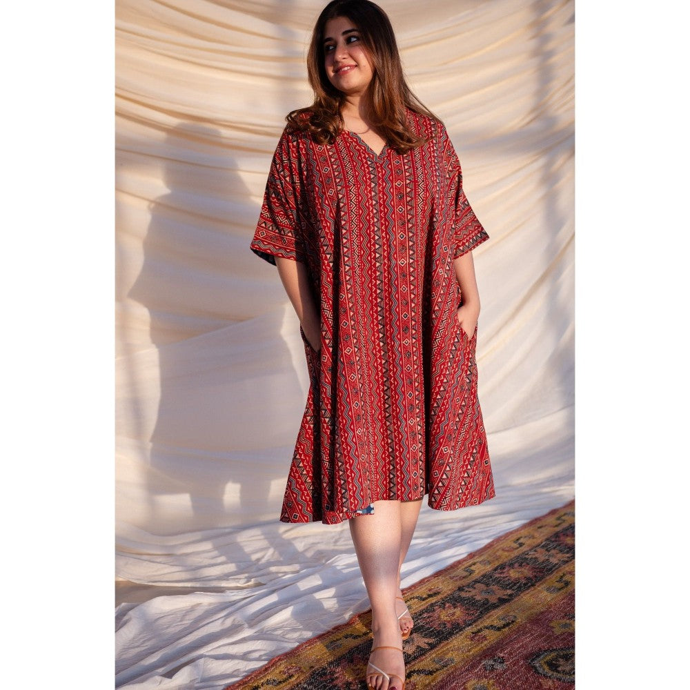 The Indian Ethnic Co. Red Ajrakh Cotton Flared Dress