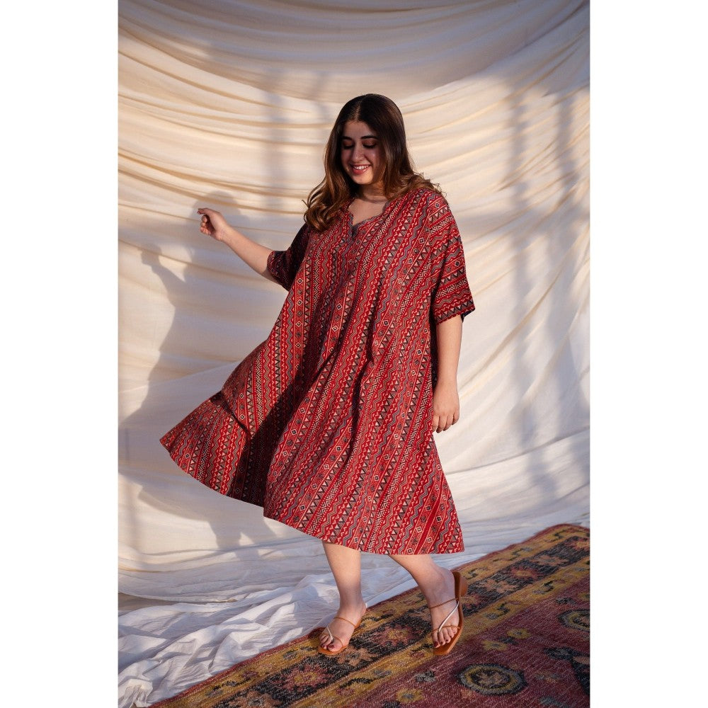 The Indian Ethnic Co. Red Ajrakh Cotton Flared Dress