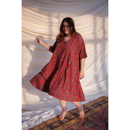 The Indian Ethnic Co. Red Ajrakh Cotton Flared Dress