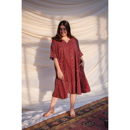 The Indian Ethnic Co. Red Ajrakh Cotton Flared Dress