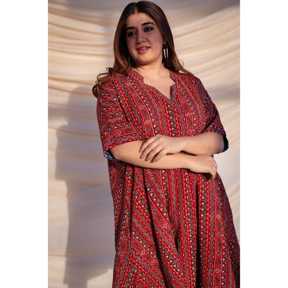 The Indian Ethnic Co. Red Ajrakh Cotton Flared Dress
