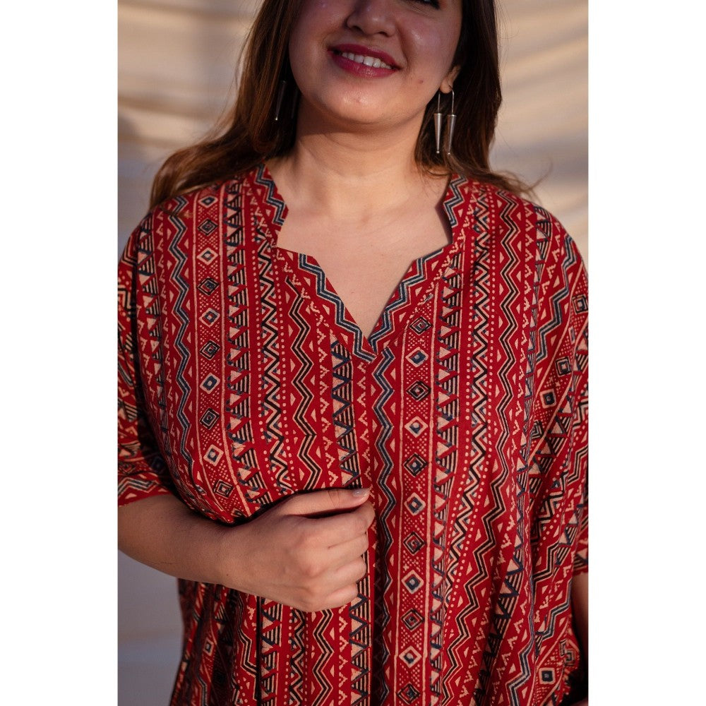 The Indian Ethnic Co. Red Ajrakh Cotton Flared Dress