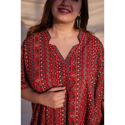 The Indian Ethnic Co. Red Ajrakh Cotton Flared Dress