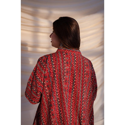 The Indian Ethnic Co. Red Ajrakh Cotton Flared Dress