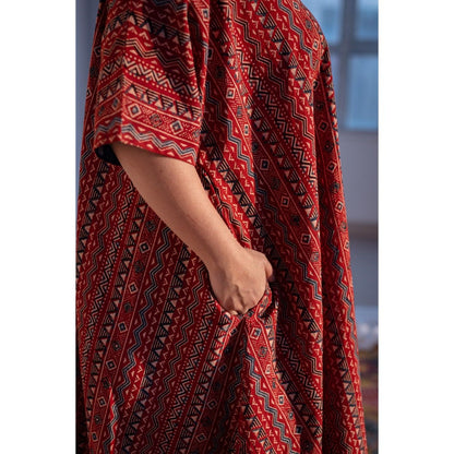 The Indian Ethnic Co. Red Ajrakh Cotton Flared Dress