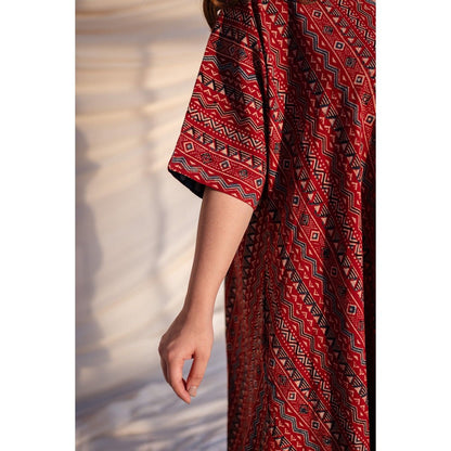 The Indian Ethnic Co. Red Ajrakh Cotton Flared Dress