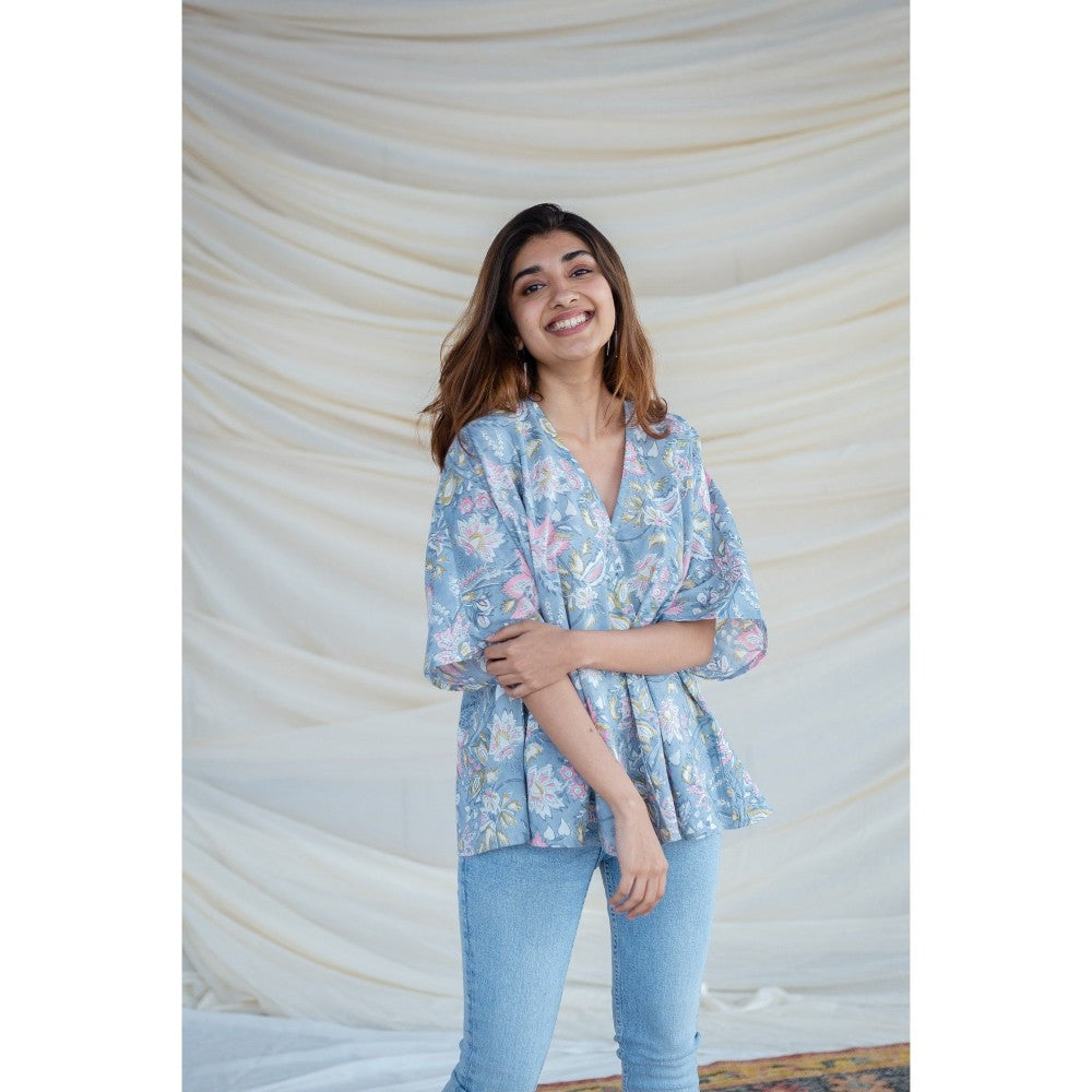 The Indian Ethnic Co. Blue Sanganeri Short Top