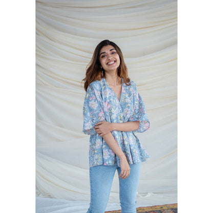 The Indian Ethnic Co. Blue Sanganeri Short Top