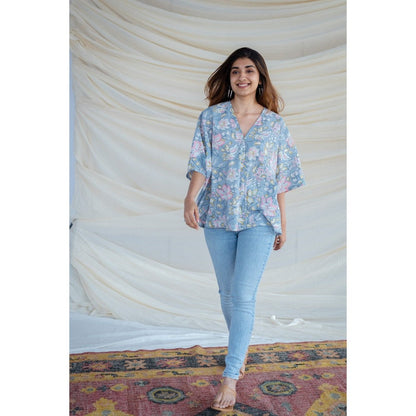 The Indian Ethnic Co. Blue Sanganeri Short Top