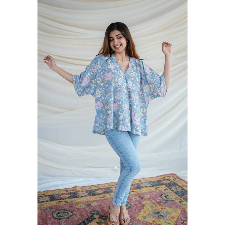 The Indian Ethnic Co. Blue Sanganeri Short Top