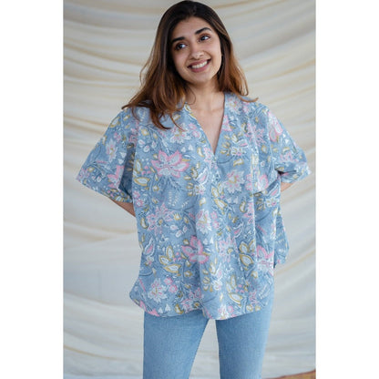 The Indian Ethnic Co. Blue Sanganeri Short Top