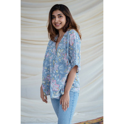 The Indian Ethnic Co. Blue Sanganeri Short Top