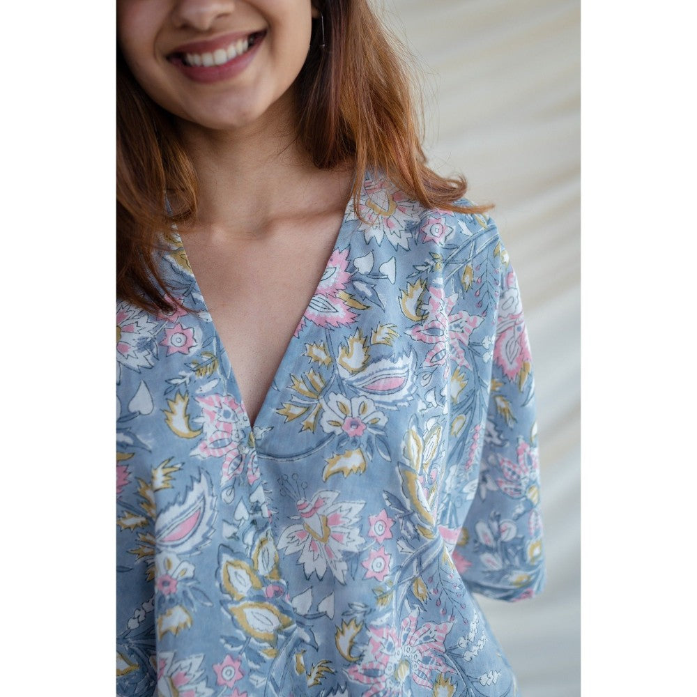The Indian Ethnic Co. Blue Sanganeri Short Top