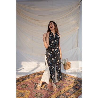 The Indian Ethnic Co. Black Jahota Cotton Halter Neck Kurta