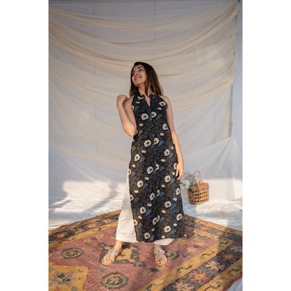 The Indian Ethnic Co. Black Jahota Cotton Halter Neck Kurta