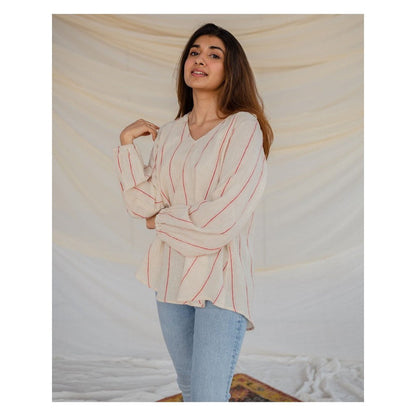 The Indian Ethnic Co. Off White Handwoven Organic Kala Cotton Short Top